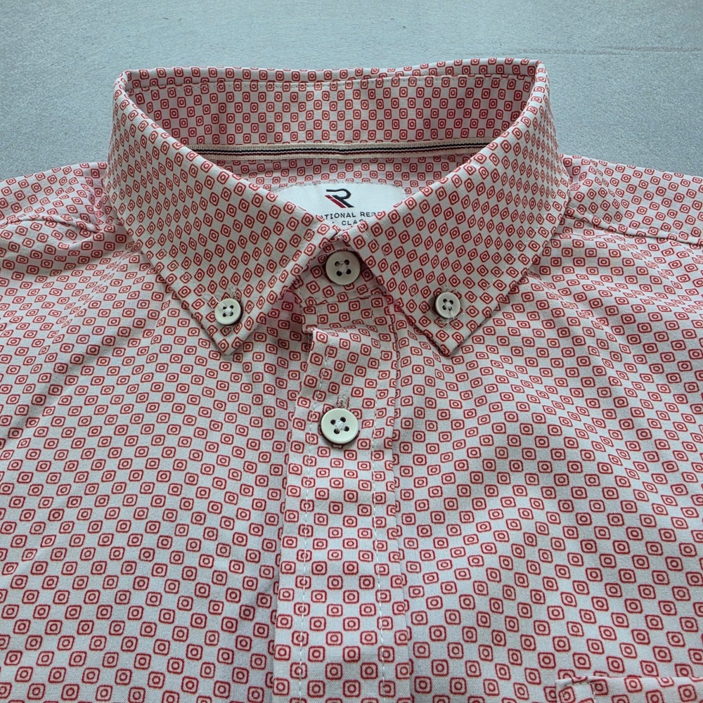 International Report Mens Large Red White Geometric 4-Way Stretch SS Button Down